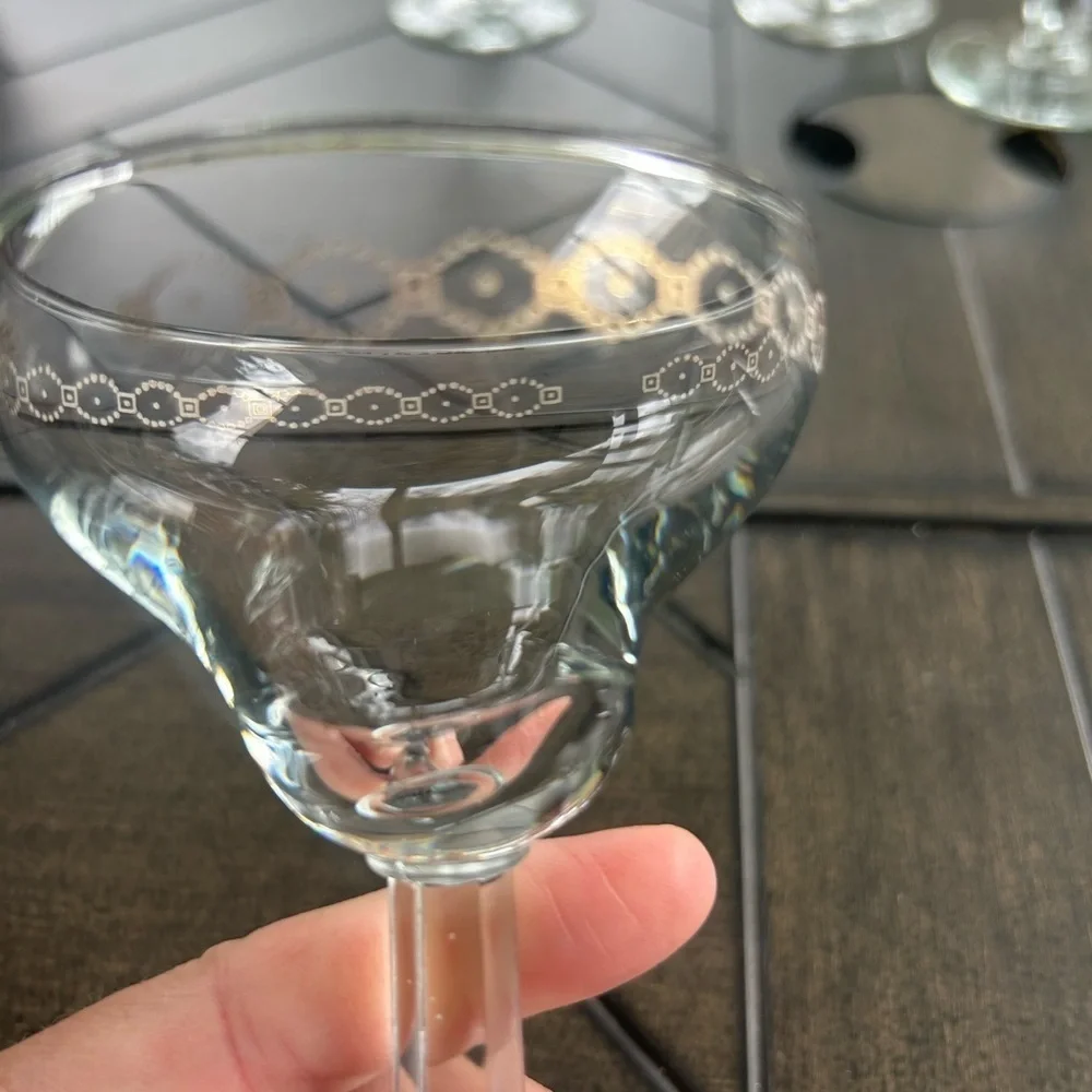 Vintage Heavy Crystal Champagne glass set of 5, gold Geo design, MCM, Cordials
